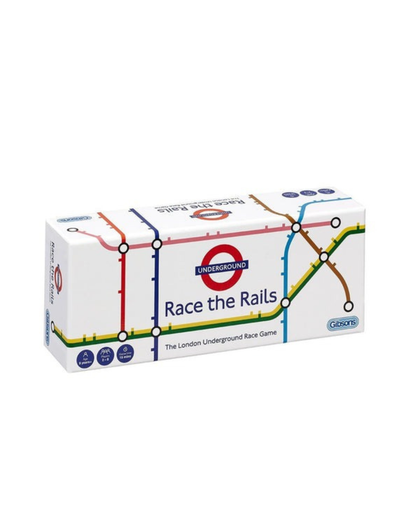 Race the Rails board game featuring the London Underground, Route and Milestone cards, timer, and playing pieces. Fun family game for ages 8+