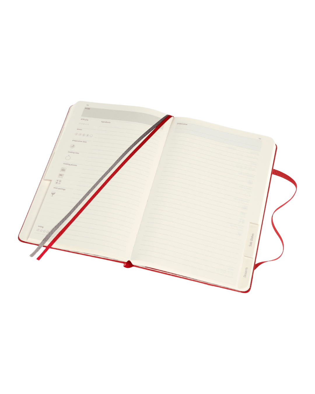 Themed Recipe Journal with hardcover, elastic closure, two ribbon bookmarks, expandable inner pocket, 400 pages of ivory acid-free paper, and stickers for customization