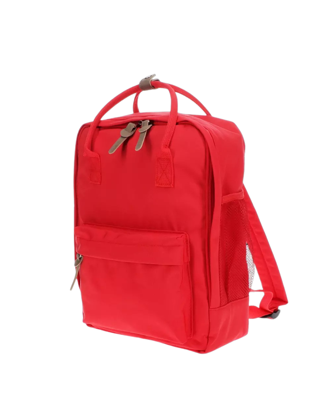 side view of the red back compact backpack with adjustable straps and multiple compartments