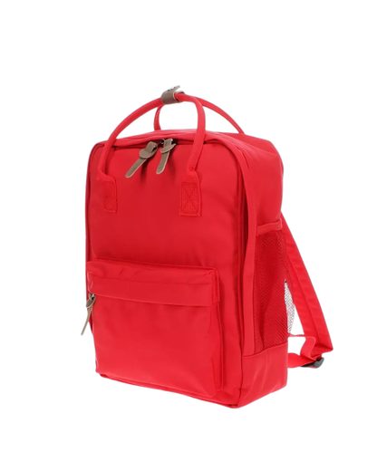 side view of the red back compact backpack with adjustable straps and multiple compartments