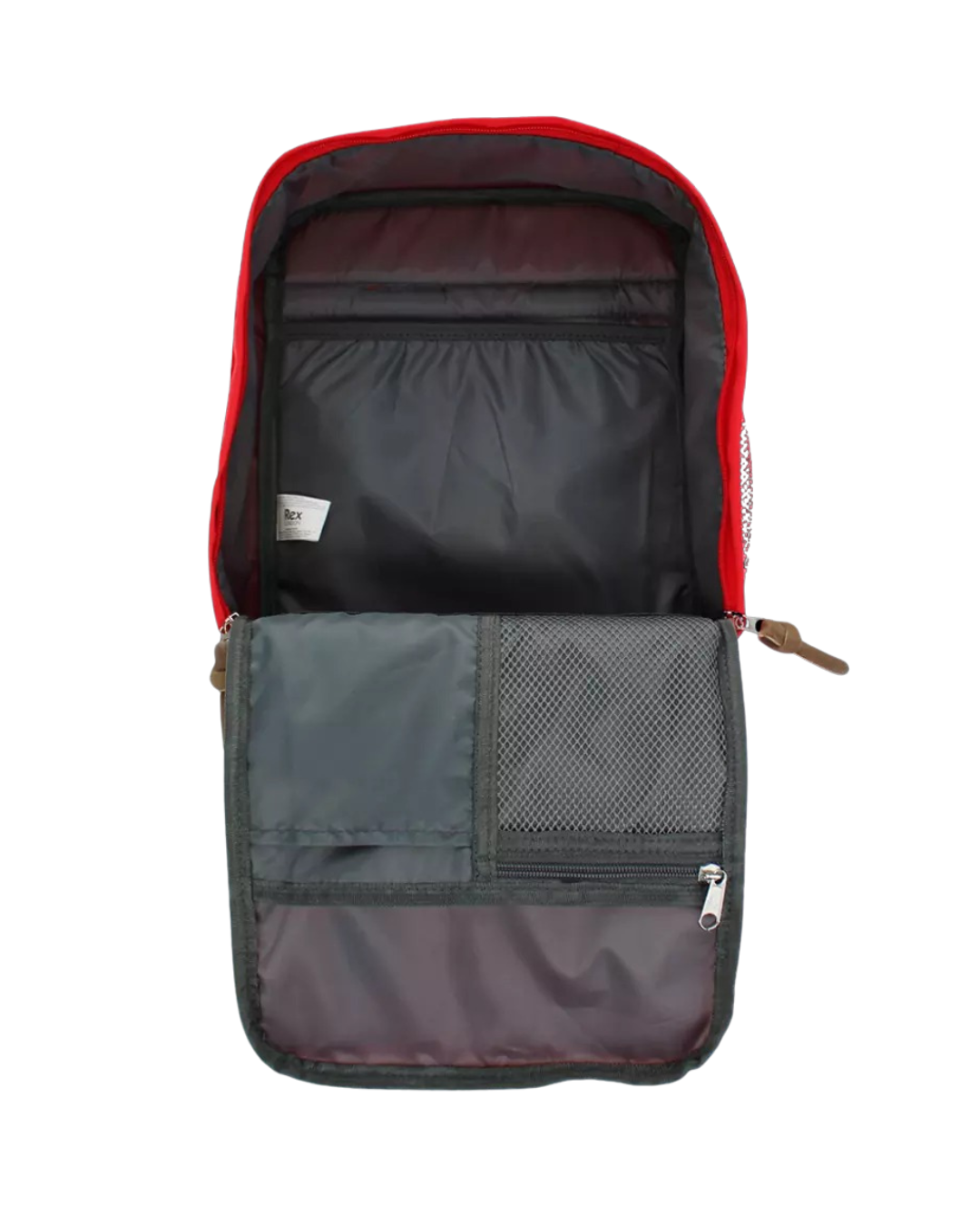 Inside view of the red back compact backpack with adjustable straps and multiple compartments