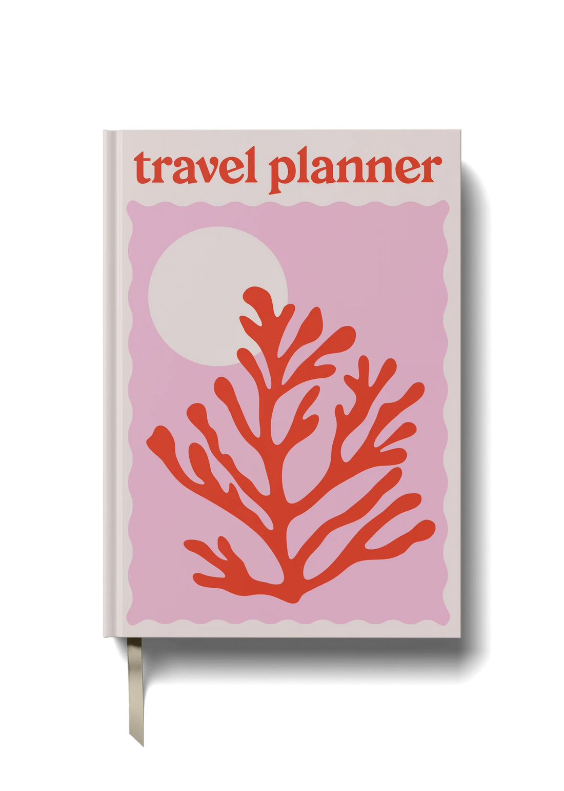 A5 travel planner with red coral and pink cover, featuring a radiant sun and wave motif, ideal for organizing trips, journaling, and travel keepsakes.


