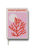A5 travel planner with red coral and pink cover, featuring a radiant sun and wave motif, ideal for organizing trips, journaling, and travel keepsakes.

