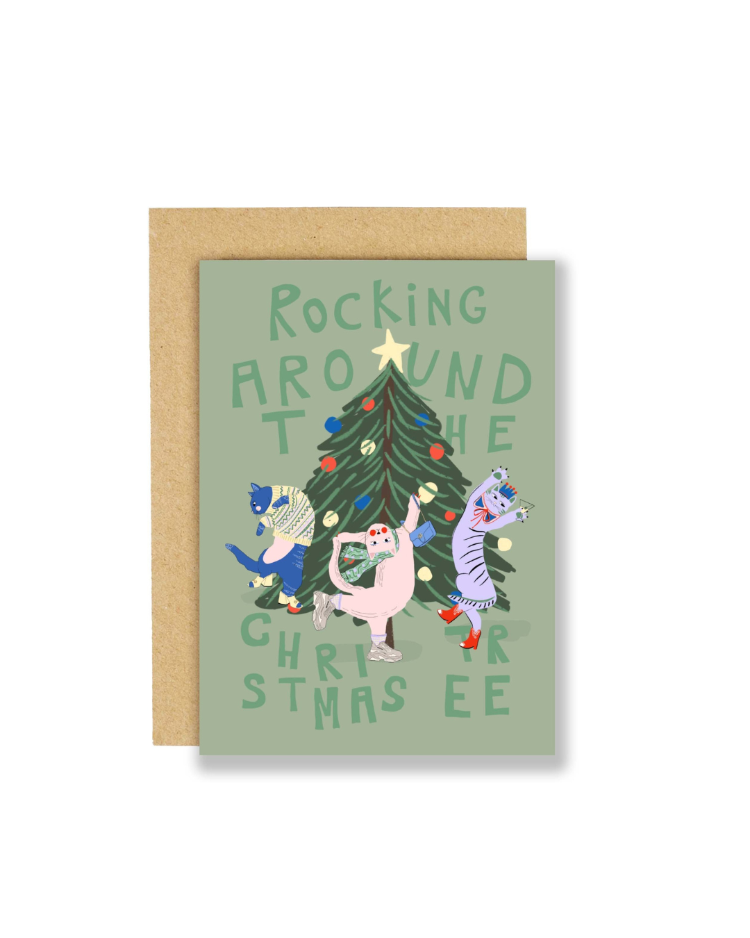 Christmas card featuring stylish cats dancing around a Christmas tree, printed on FSC-certified paper with Kraft envelope, eco-friendly and plastic-free
