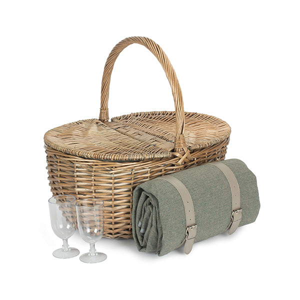 2 Person Oval Grey Sage Tweed Fitted Hamper