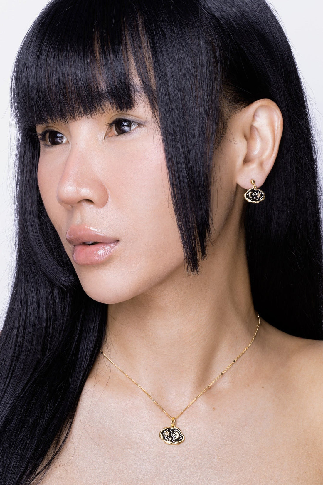 Midnight Scene Rose Quartz &amp; Black Enamel Silver Necklace