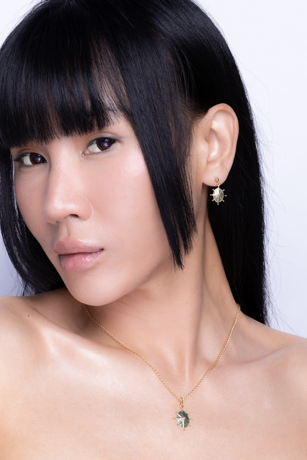 Pink Rhodonite & Green enamel 8 Point Star Gold Necklace