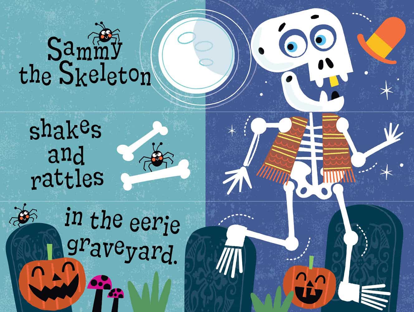 Sammy Skeleton - Illustration of a skeleton character with Halloween elements on a blue background
