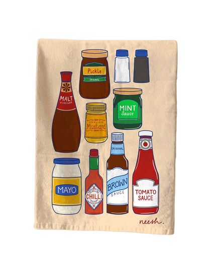 Condiment Tea Towel made from 100% cotton, hand-drawn and UK-printed design featuring sauces and condiments, with hanging loop and belly band packaging.