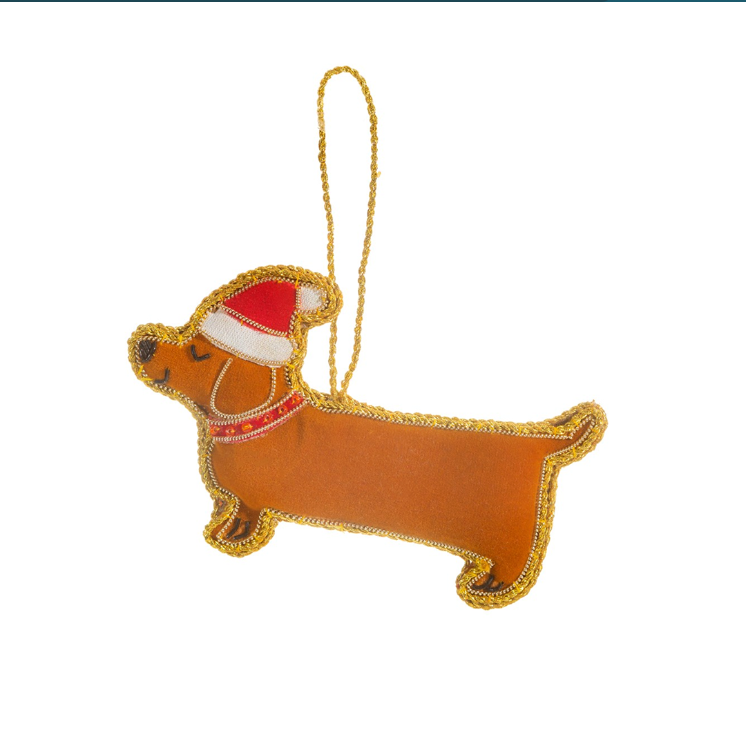 Handcrafted Sausage Dog Zari Embroidery Christmas Decoration with gold detailing