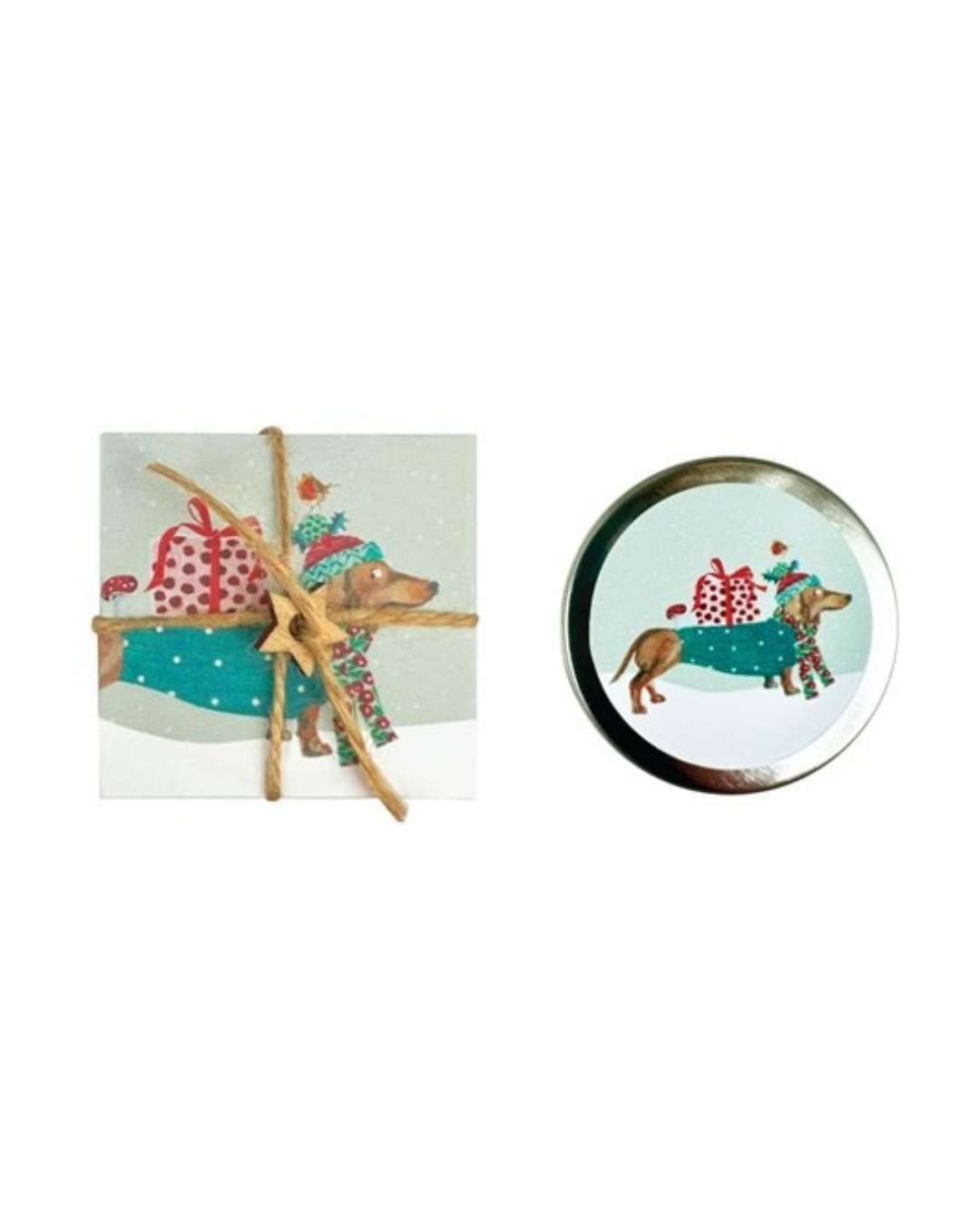 Sausage Dog orange and mandarin natural lip balm in round tin wrapped with jute and wooden star, handmade eco-friendly gift made in the UK