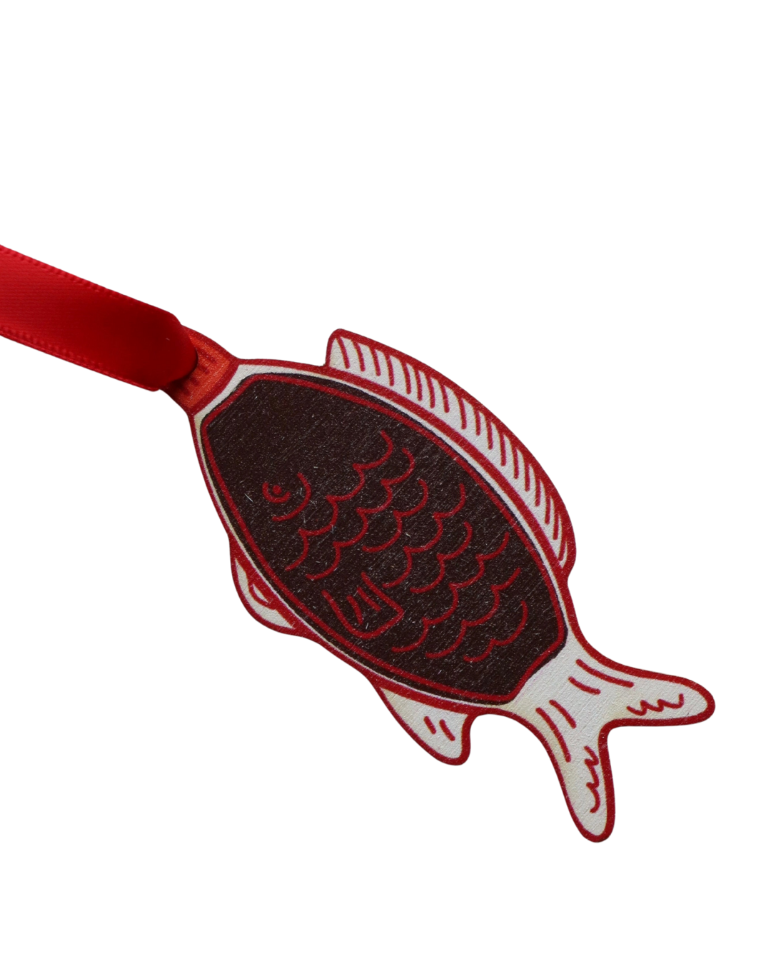 Soy Sauce wooden Christmas decoration in fish bottle design with pink or red ribbon, vegan-friendly, sustainable foodie ornament for Christmas tree