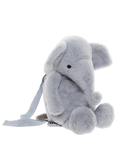 Side View of The Effie Elephant plush backpack in cloudy grey – soft huggable elephant bag for kids, adjustable straps and storage for toys or snacks