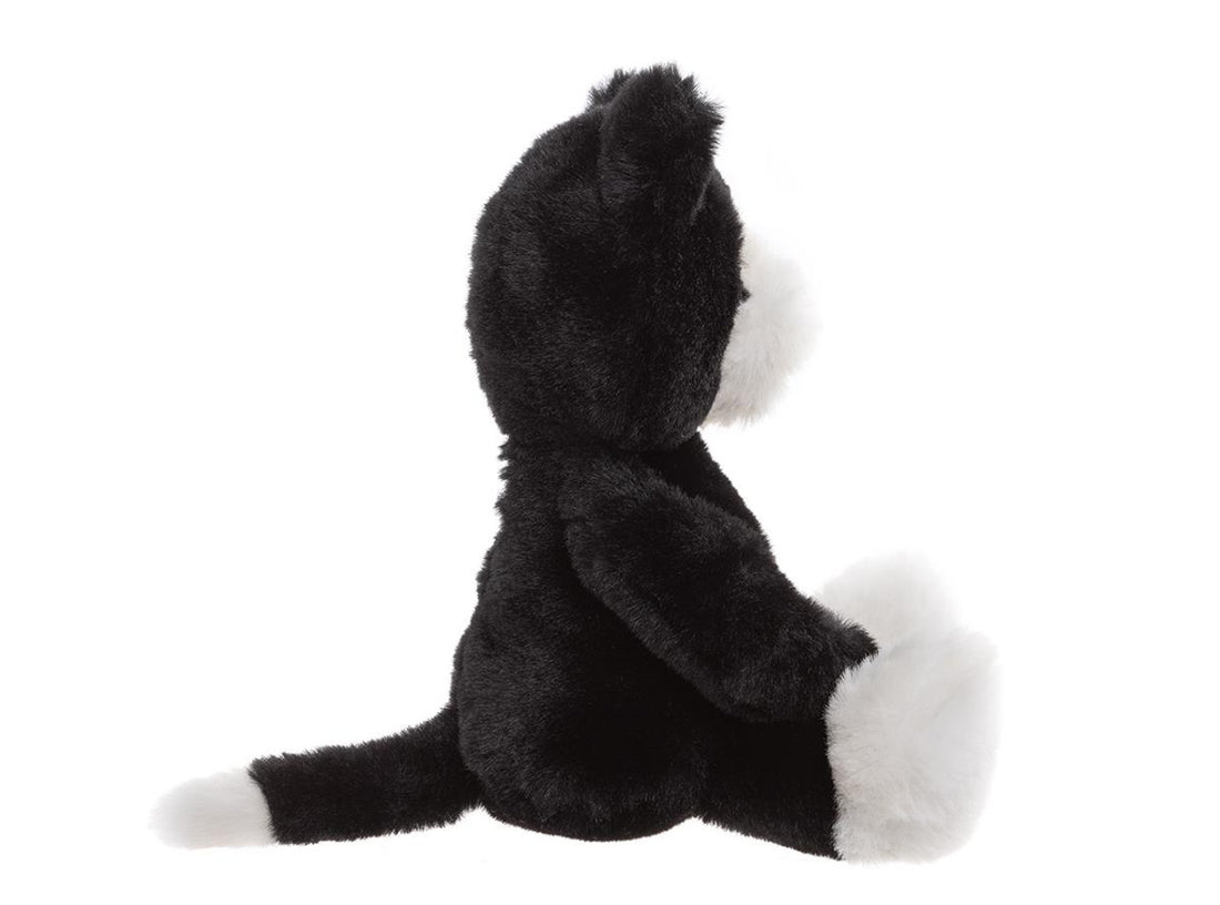 Side View of the Puddy Kitten plush toy in raven black – soft cuddly stuffed cat for kids, comfort toy and nursery companion