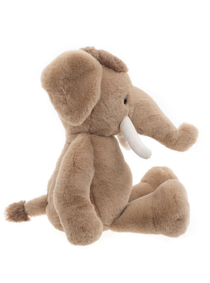 Side View of the Wally Mammoth plush toy in shaggy brown – soft cuddly stuffed mammoth for kids, comfort toy and nursery companion