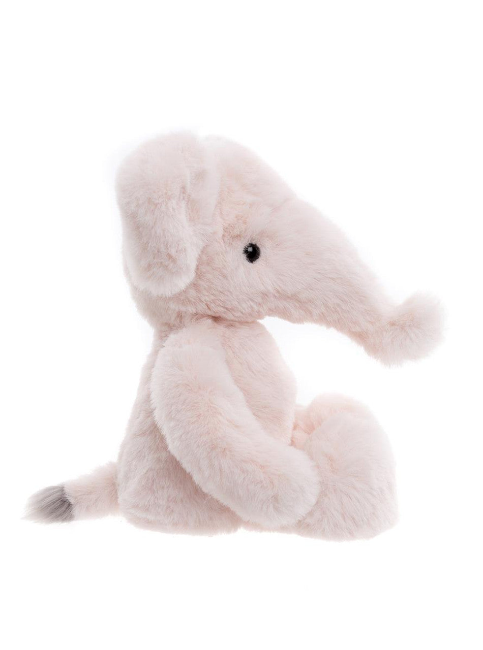 Side view of the Effie Elephant soft toy in bubblegum pink – plush stuffed animal for kids, cuddly comfort toy and nursery companion”