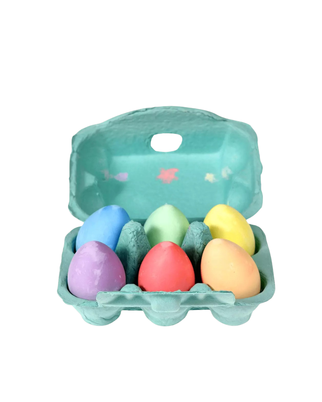 Colourful egg-shaped chalks in cardboard egg box for kids’ art