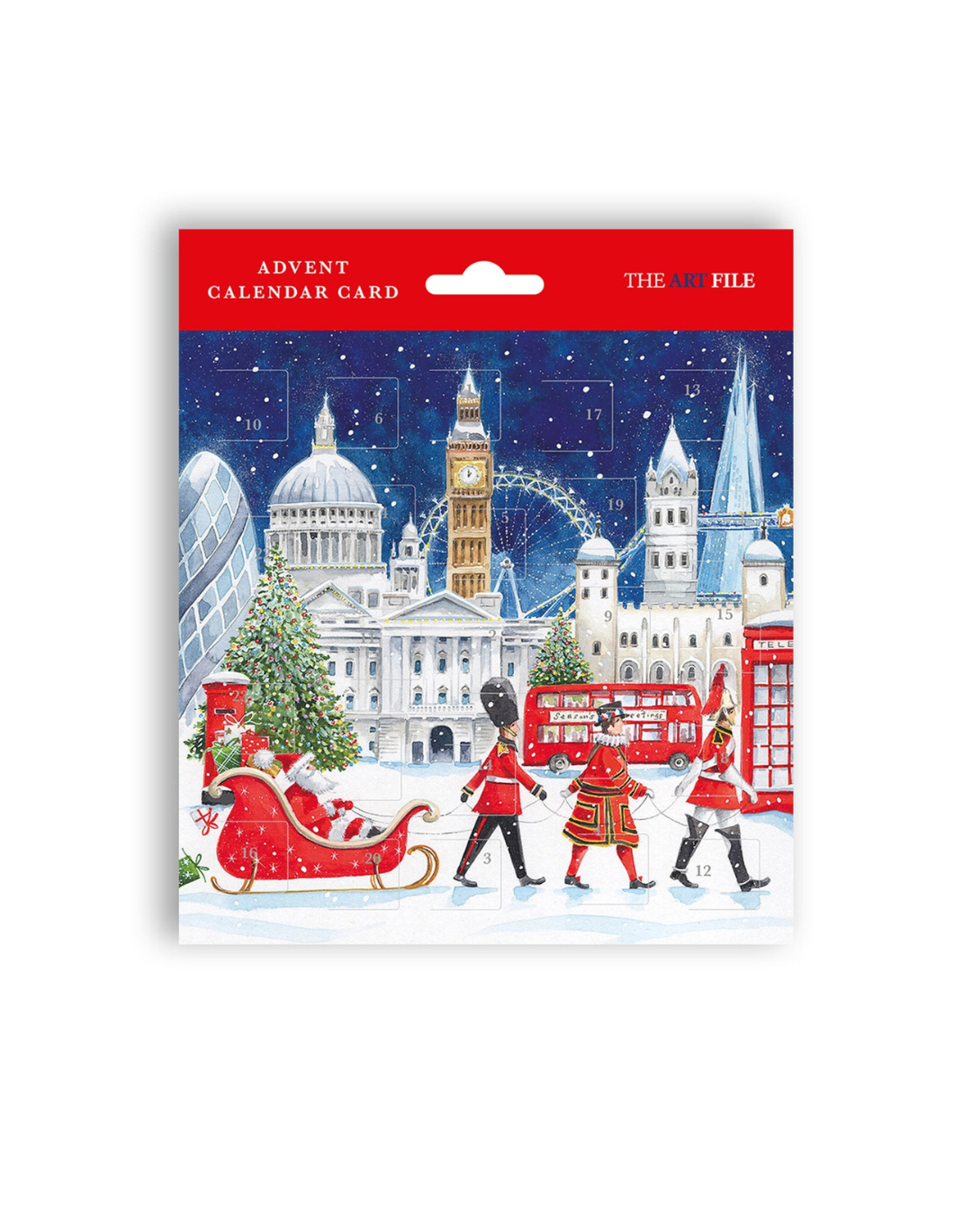 Snowy London Christmas Advent Card with 24 gold foil die-cut windows, blank inside, grey envelope, 280GSM coated card, sustainably sourced, made in the UK