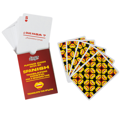 Playing cards with Spanish translations on a white background