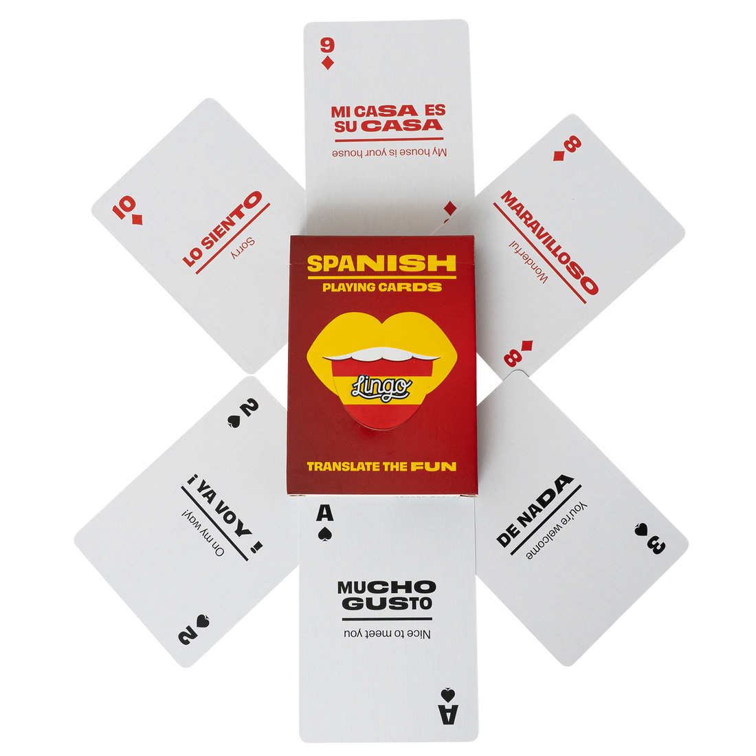 Mandarin Lingo Playing Cards featuring Mandarin words and phrases with English translations, perfect for travel and language learning.