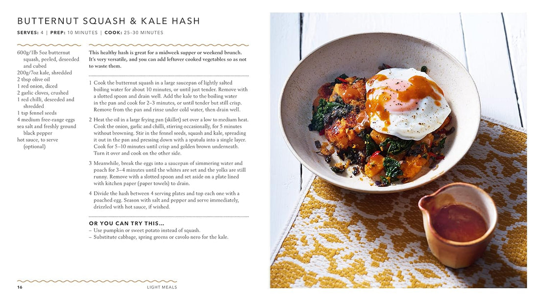Recipe page for butternut squash and kale hash with a bowl of food on a white surface.