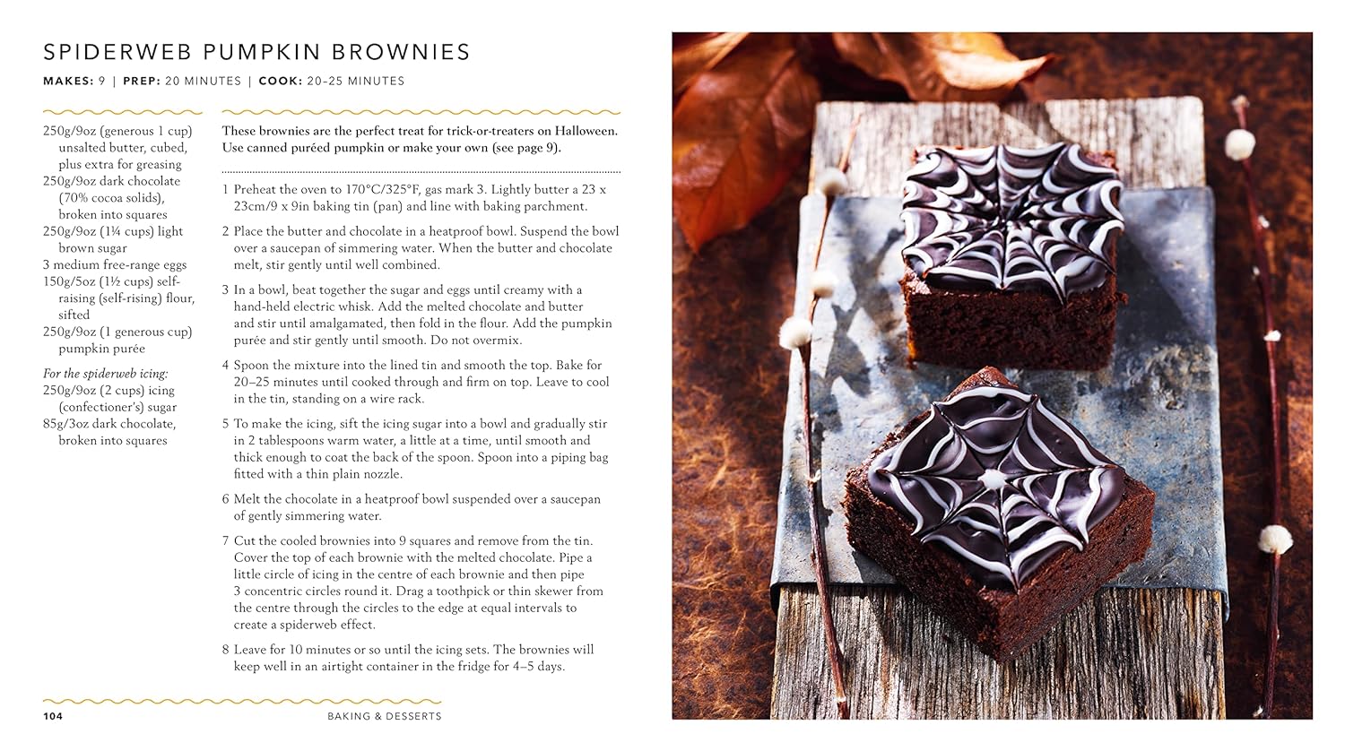 Spiderweb pumpkin brownies on a rustic wooden surface with recipe text on the left side.