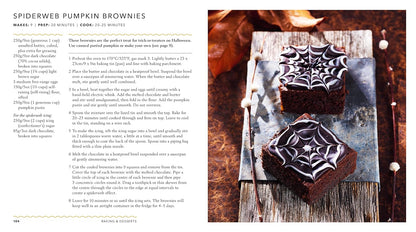 Spiderweb pumpkin brownies on a rustic wooden surface with recipe text on the left side.