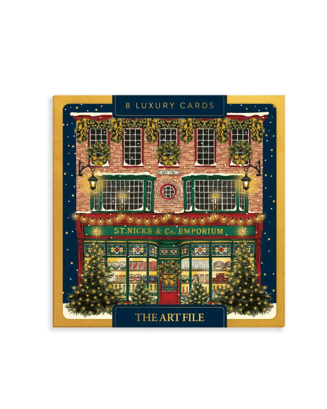 Luxury St Nicks Emporium Christmas Cards – pack of 8, gold foil, emboss &amp; deboss, 15.8 x 15.8 cm, premium textured card, UK-made, sustainable