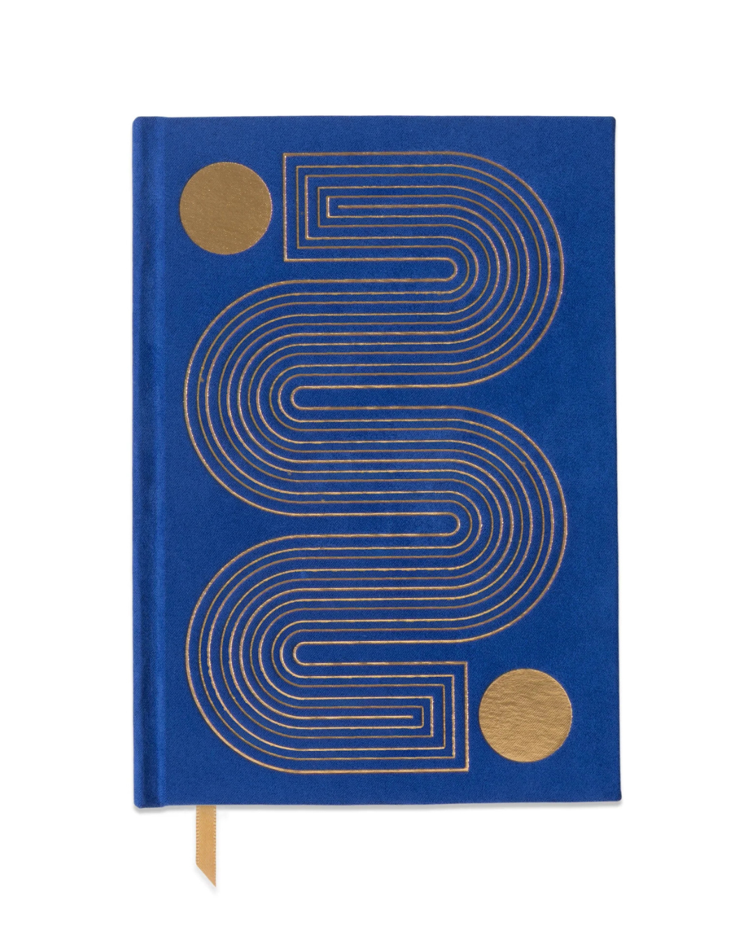 front view of cobalt and gold Hardcover Journal with gold foil accents, ribbon marker, and 160 lined pages for writing, note-taking, or creative ideas."