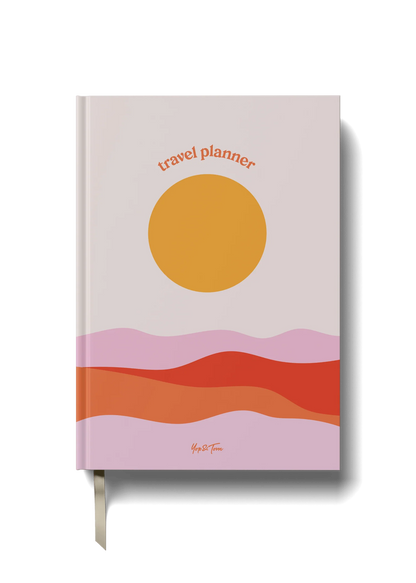 Travel planner with a sun and landscape design on a white background