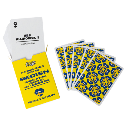 Playing cards with Swedish words and English translations in a yellow box  on a white background