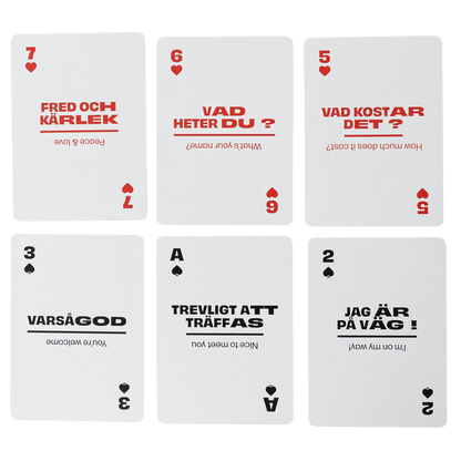 Set of playing cards with Swedish phrases and english translation on a white background