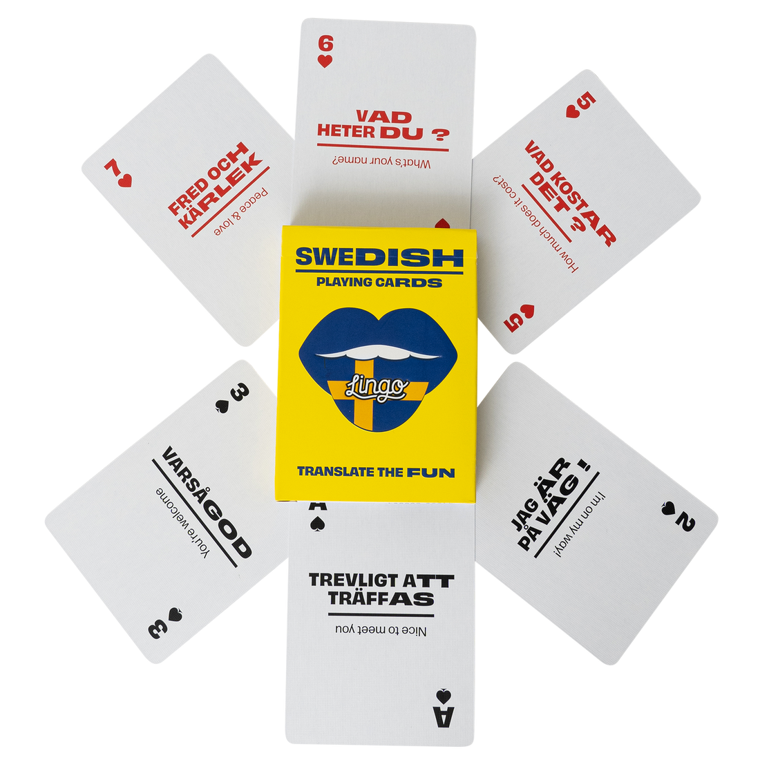 Swedish playing cards with a yellow box in the center on a white background