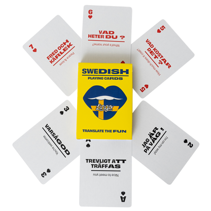 Swedish playing cards with a yellow box in the center on a white background