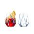 Two clear glass tumblers with handcrafted colorful blue and azure) swirl patterns on them, one with a citrus slice inside.