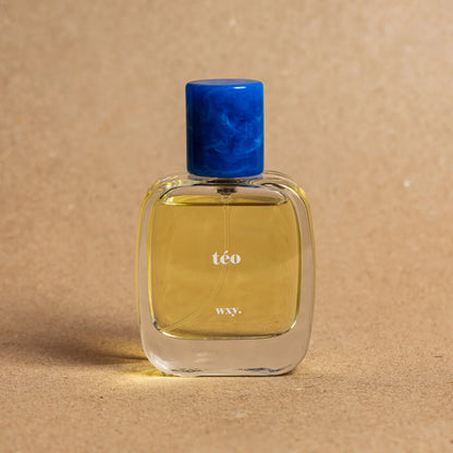 Téo Eau de Parfum bottle on a brown background  – rich and layered fragrance