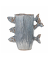 Front view of the Stoneware fish vase with three decorative fish and blue reactive glaze