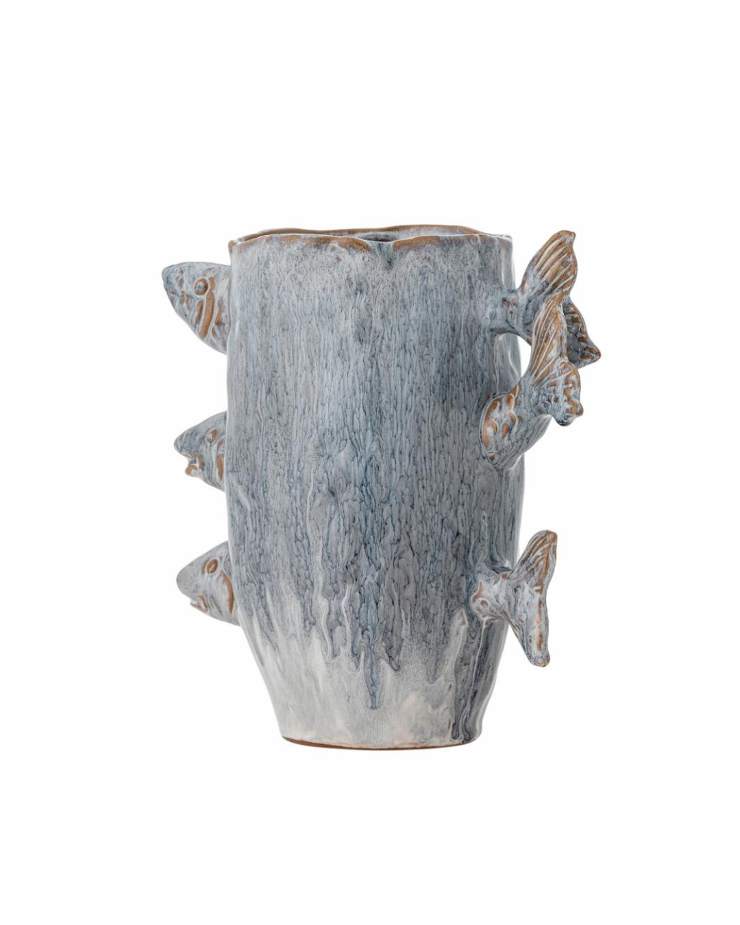 Back view of the Stoneware fish vase with three decorative fish and blue reactive glaze