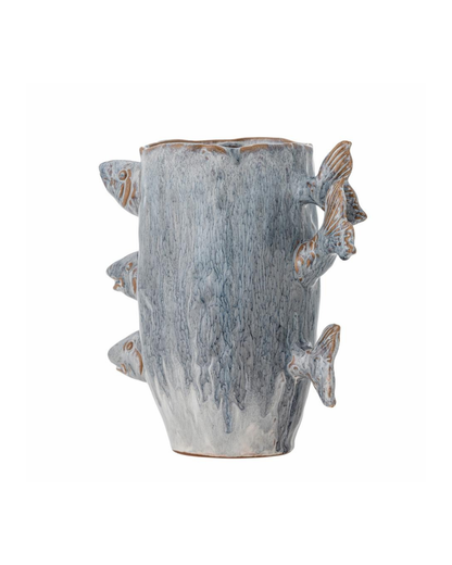 Back view of the Stoneware fish vase with three decorative fish and blue reactive glaze