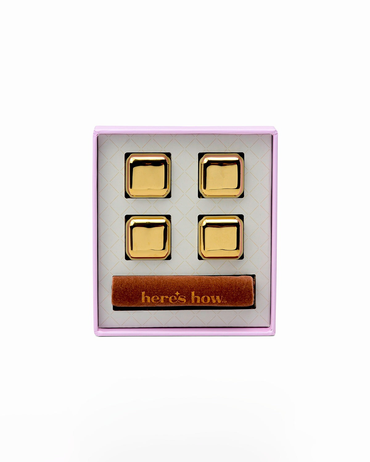Stainless steel cocktail chillers set with four freezable cubes and brown storage pouch inside display box