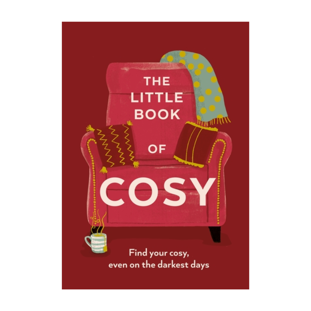 Book cover with a red armchair, blanket, and mug on a red background
