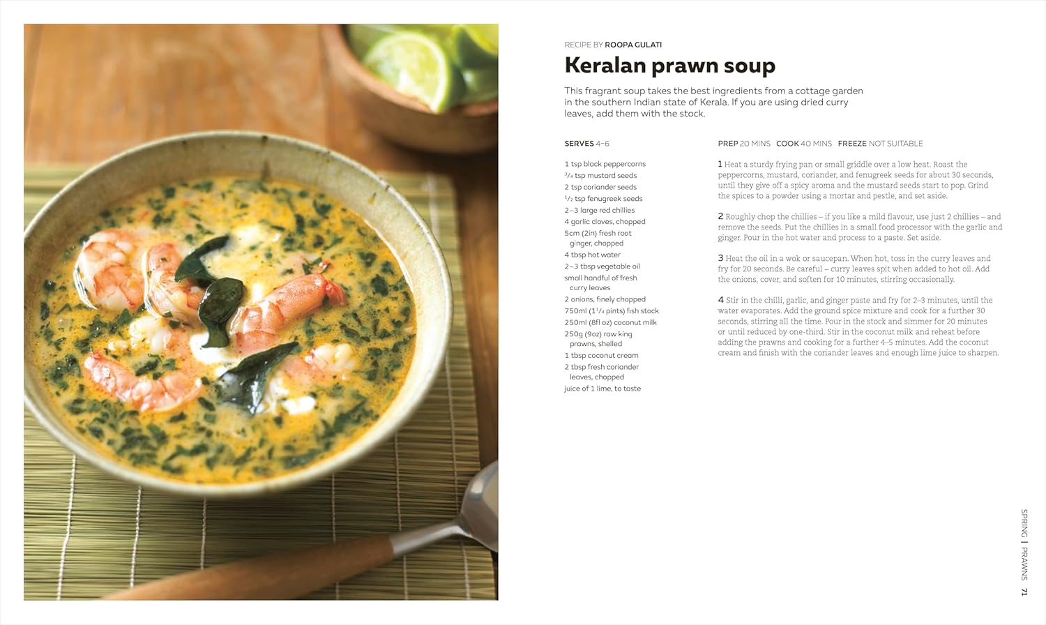 Keralan prawn soup in a bowl with a recipe on the side.