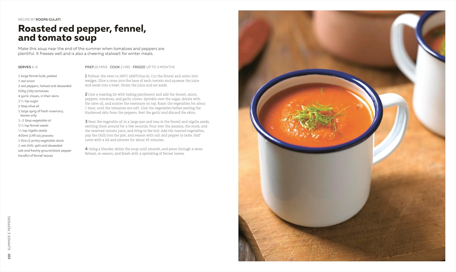Mug of roasted red pepper, fennel, and tomato soup on a wooden surface with recipe text on the left.