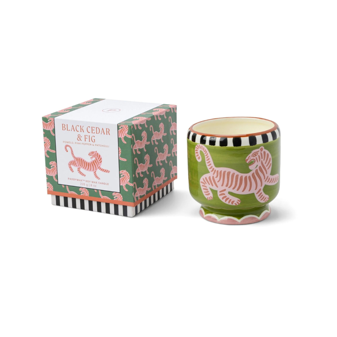 Vegan 8oz soy candle in repurposable ceramic jar with tiger, black cedar & fig scent