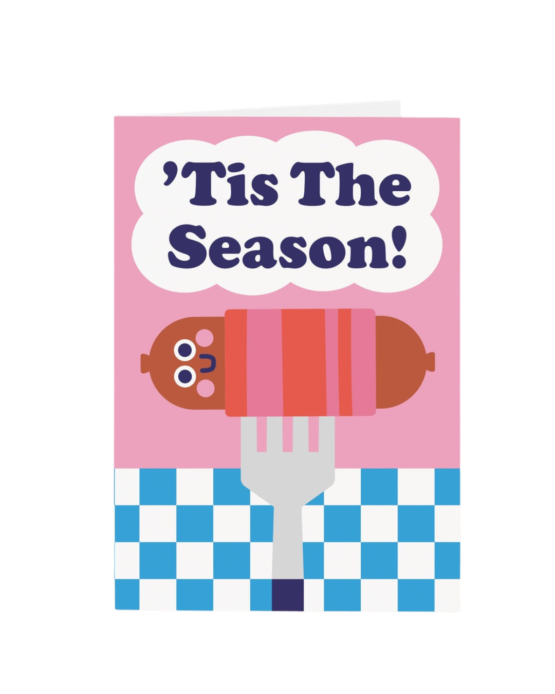 Pig in a Blanket Christmas Card, A6 size, thick 300gsm card, kraft fleck envelope, blank inside, humorous festive design.