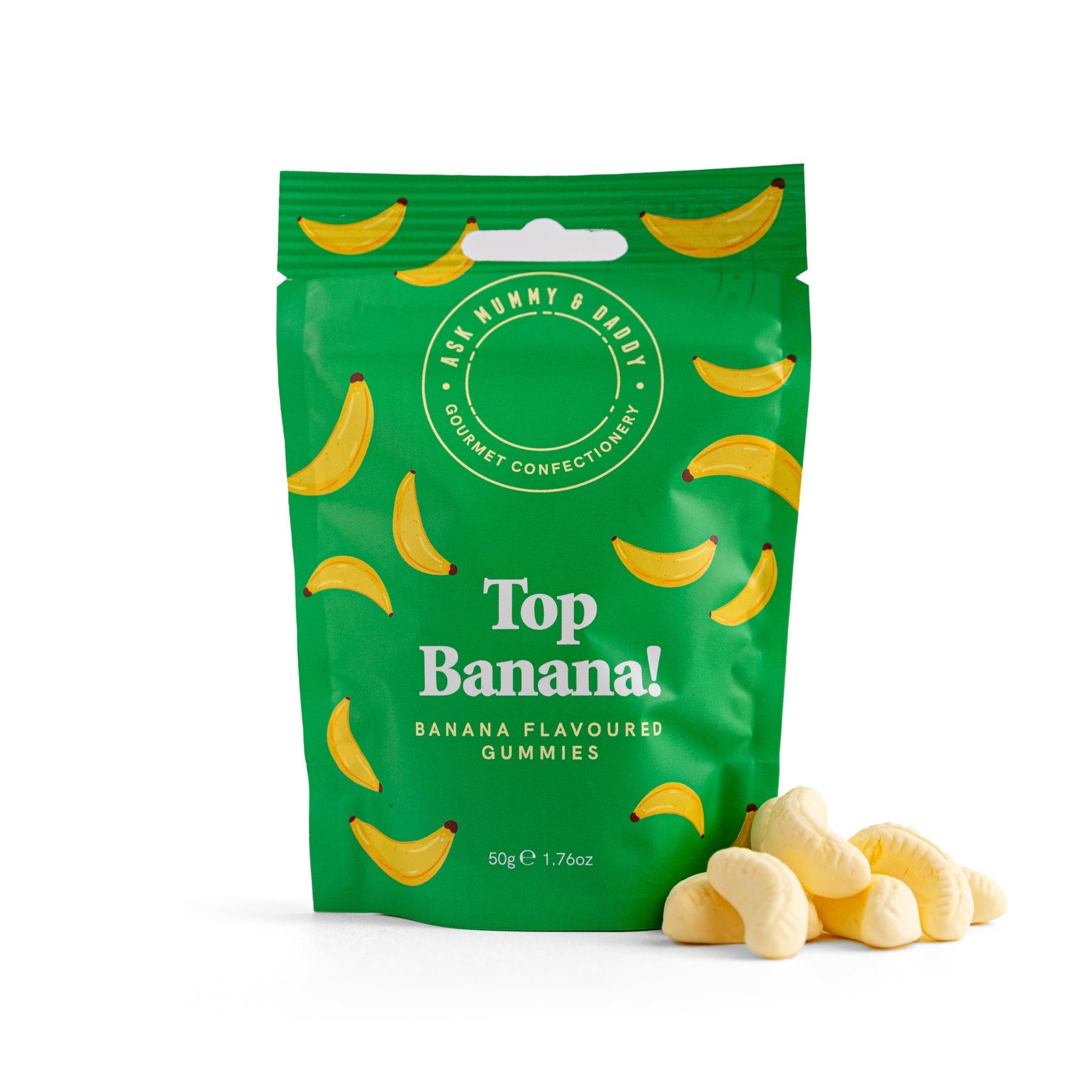 “Top Banana!” sweet bag filled with mini banana-flavored treats, gluten-free, dairy-free, palm oil-free, perfect for gifting