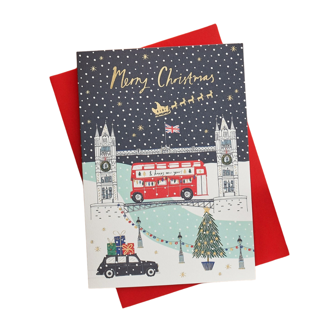 Gold Foiled Christmas Card featuring Tower Bridge with black cab in snowy London scene, blank inside, luxury thick matte card, red envelope, made in the UK