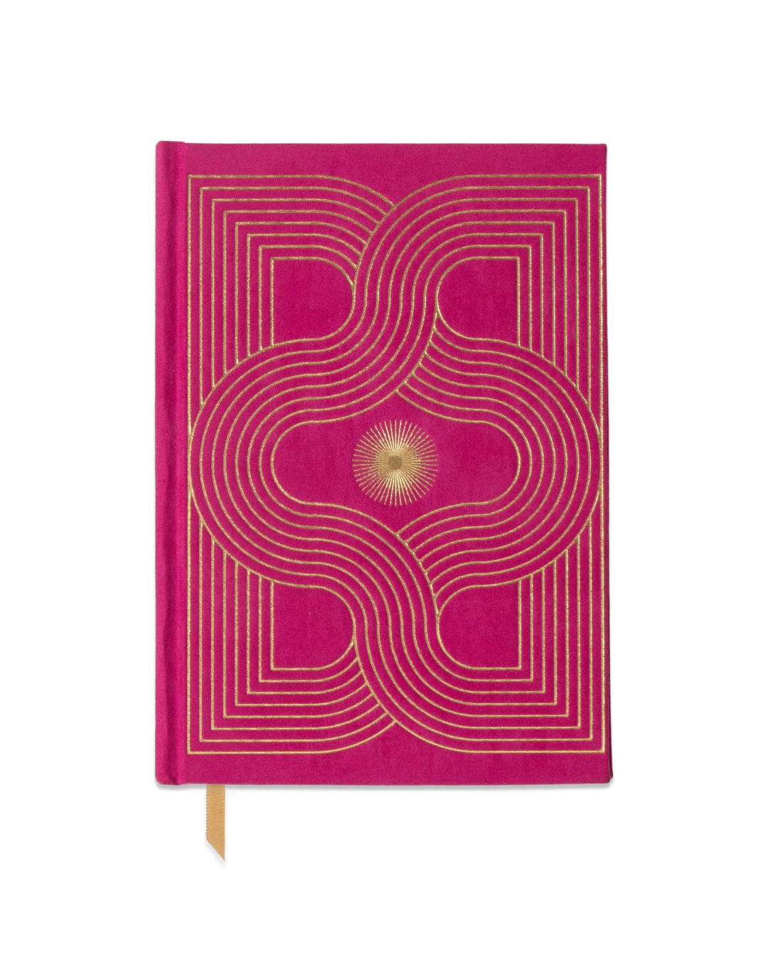 front view of Fuchsia and gold Hardcover Journal with gold foil accents, ribbon marker, and 160 lined pages for writing, note-taking, or creative ideas."