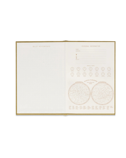 Open Avocado Hardcover Notebook showing personal information page and key contents including world map, time zones, multiplication table, and holiday overview.&quot;