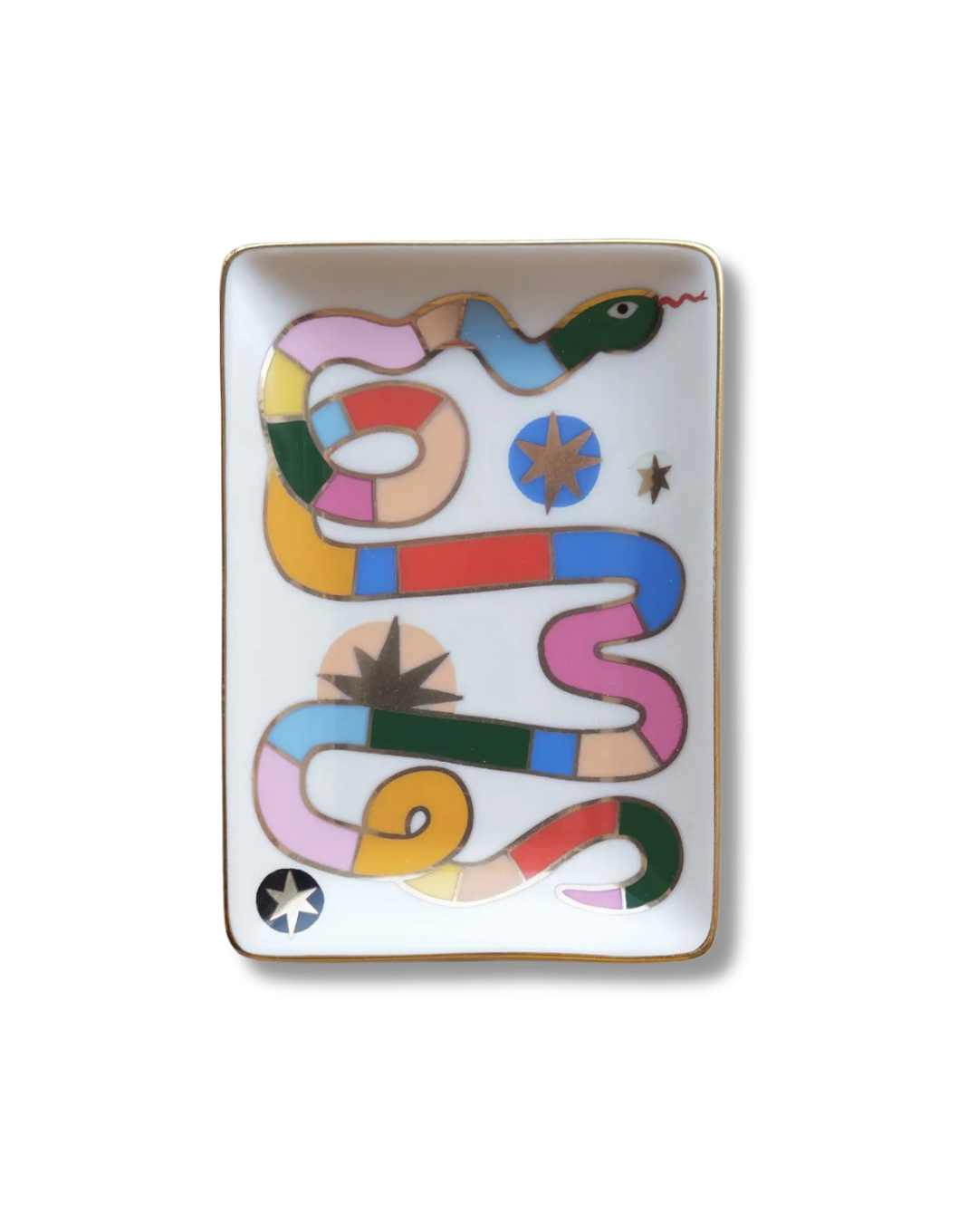 Compact ceramic trinket dish with hand-painted rainbow snake design and 10k gold detailing, ideal for holding jewelry, keys, or small essentials, presented in eco-friendly gift box.